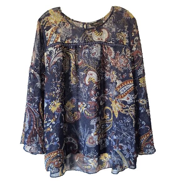 Style & Co. Tops - Style & Co Peasant Top XL Sheer Swiss Dot Paisley Blue Career Bell Sleeves Flowy
